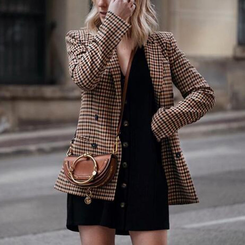 Women Plaid Blazers and Jackets Work Office Lady Suit Slim Double Breasted Business Female Blazer Coat