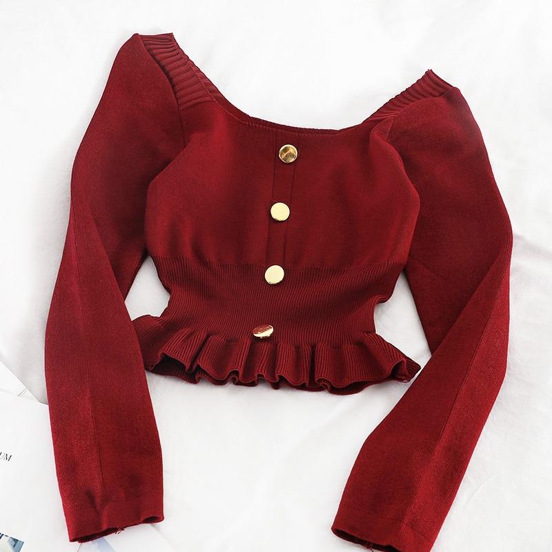 Women Sweater Korean Version Long Sleeve Sweet Solid Short Girl Early Autumn Knitted Pullovers