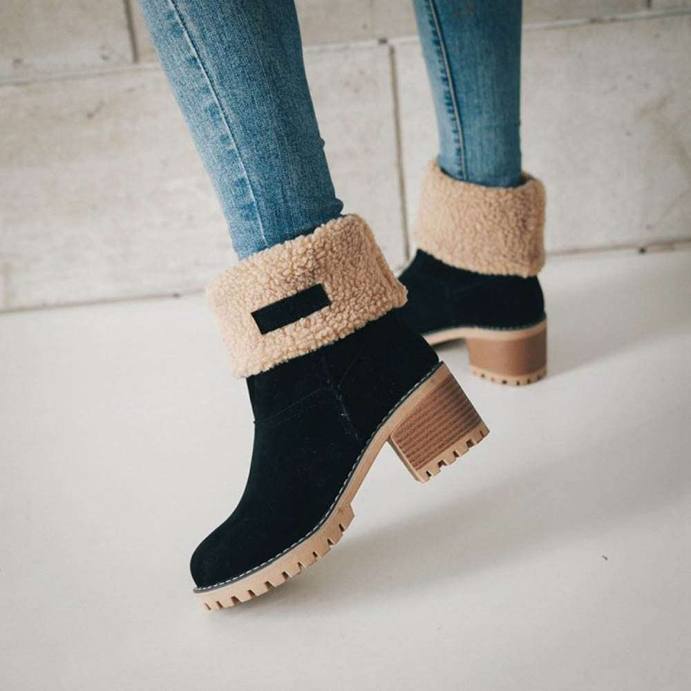Winter Suede Round Toe Chunky Heel Ankle Boots