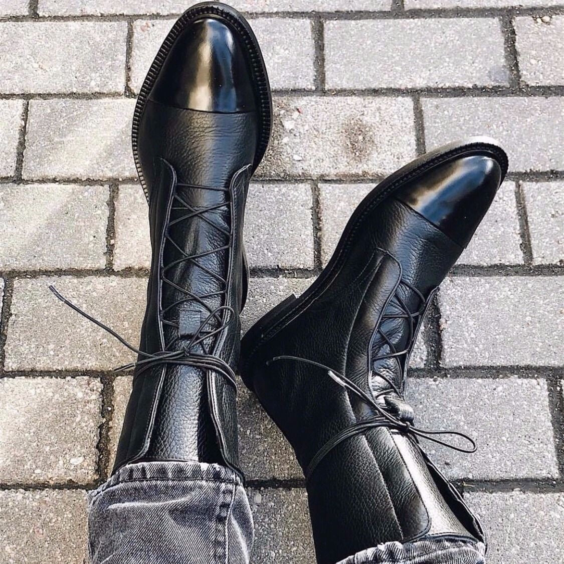 Black Leather Low Heel Martin Boots