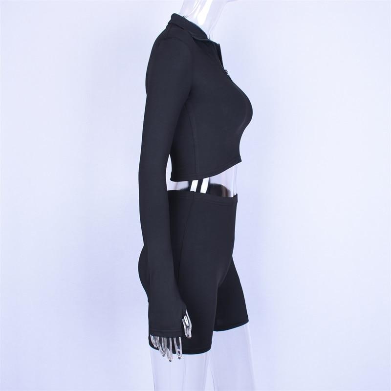 Long Sleeve Zipper High Neck Elastic Sexy Crop Tops Shorts 2-Pieces Women Fashion Casual Sports Sets