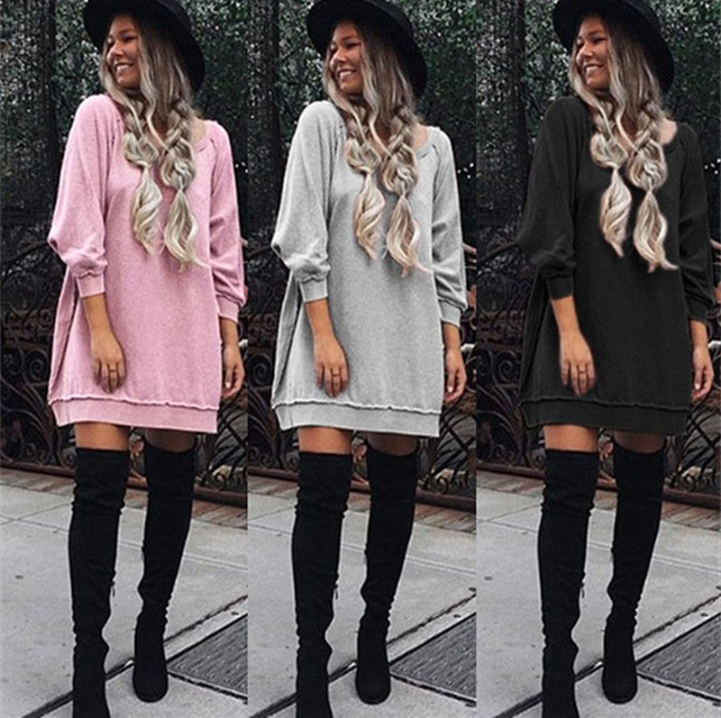 Fashion Loose Style Pure Color Long Sleeve Short Dress