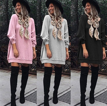 Fashion Loose Style Pure Color Long Sleeve Short Dress