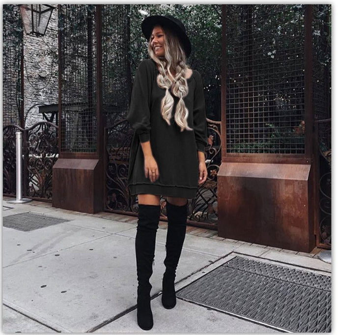 Fashion Loose Style Pure Color Long Sleeve Short Dress