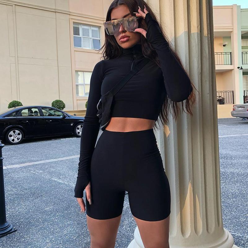 Long Sleeve Zipper High Neck Elastic Sexy Crop Tops Shorts 2-Pieces Women Fashion Casual Sports Sets