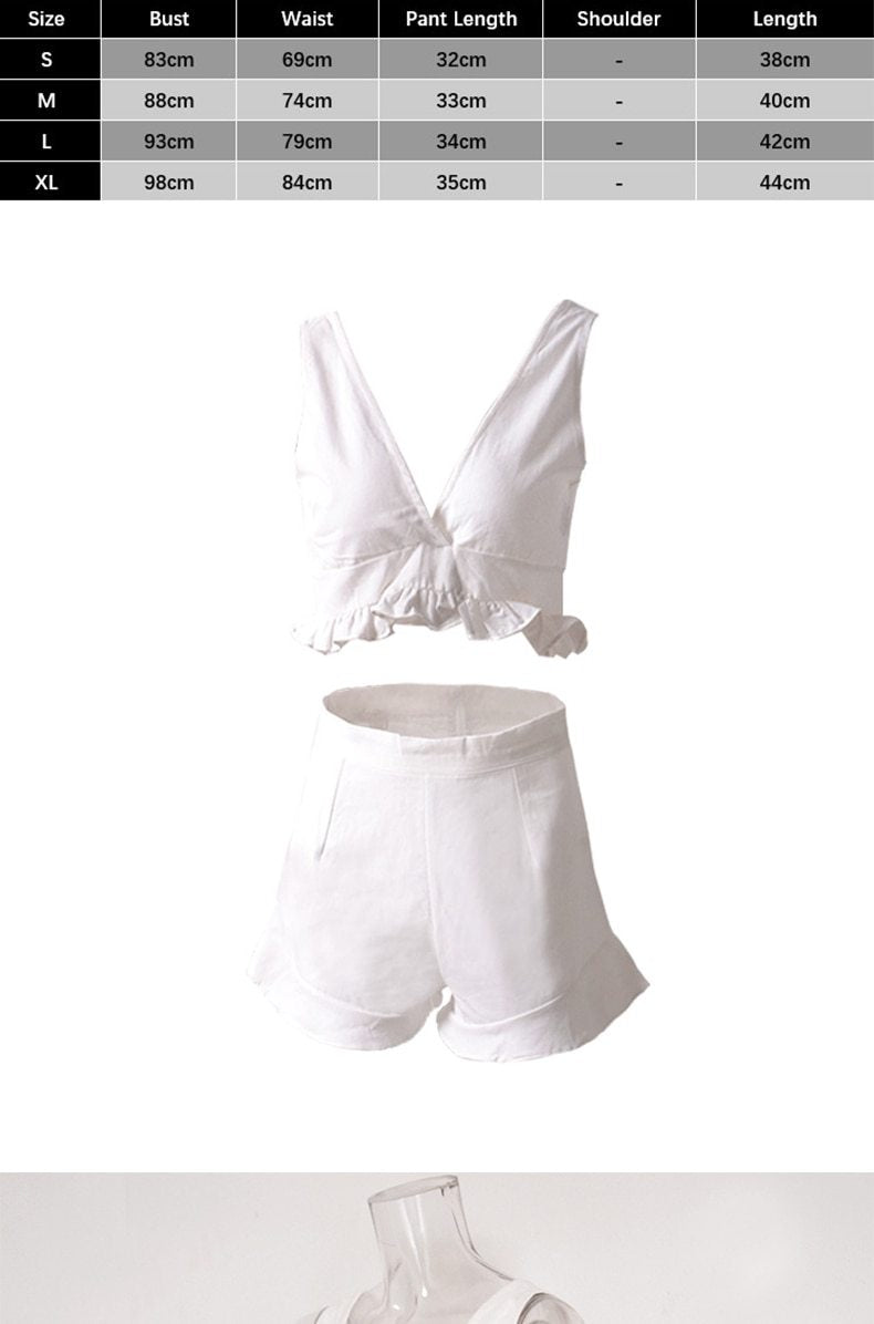Summer Women's 2 Piece White V-neck Tube Top Short Set Ruffled Top + Elastic Waist Ruffled Straight Shorts Women's 2 Piece Set
