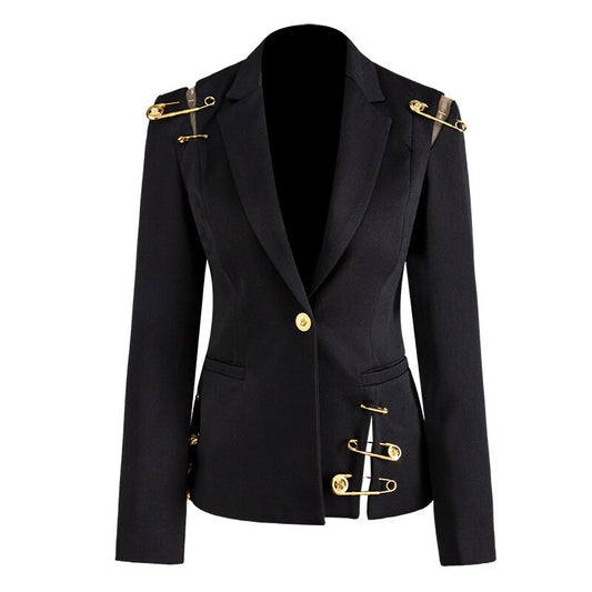 Street Stylish Women Blazer Single Button Mesh Patchwork Pin Slim Quality Black Blazer