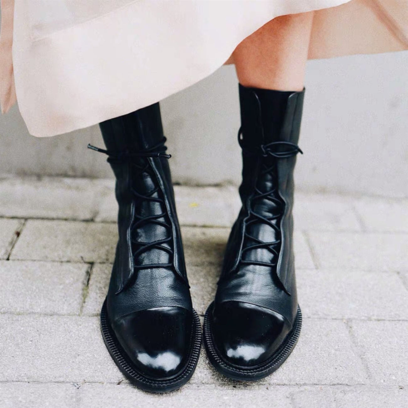Black Leather Low Heel Martin Boots