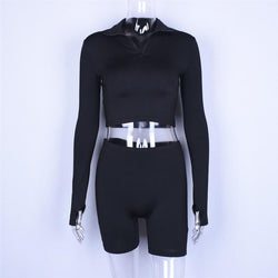 Long Sleeve Zipper High Neck Elastic Sexy Crop Tops Shorts 2-Pieces Women Fashion Casual Sports Sets