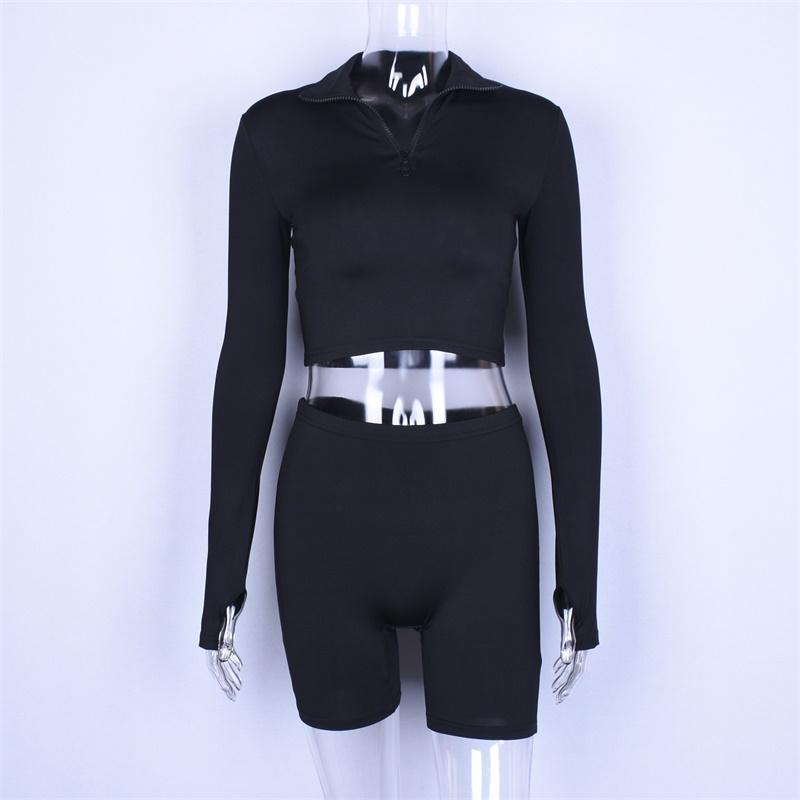 Long Sleeve Zipper High Neck Elastic Sexy Crop Tops Shorts 2-Pieces Women Fashion Casual Sports Sets