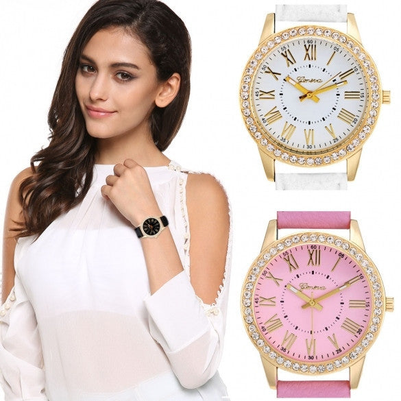 Fashion Women Analog Synthetic Leather Watchband Rhinestone Decoration Quartz Casual Watch Wristwatch - May Your Fashion - 3