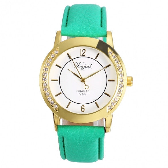 Women Fashion Synthetic Leather Large Dial Quartz Analog Rhinestone Wrist Watch