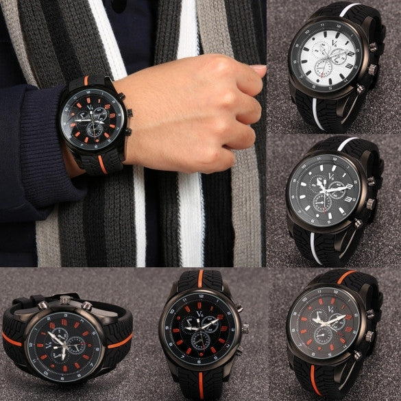 Men Fashion Tire Pattern Silicone Watchband Large Dial Quartz Analog Sport Wrist Watch - May Your Fashion - 1