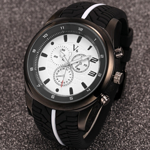 Men Fashion Tire Pattern Silicone Watchband Large Dial Quartz Analog Sport Wrist Watch - May Your Fashion - 6