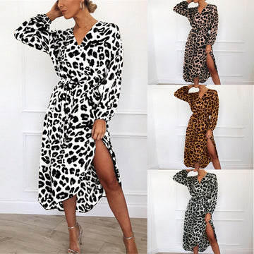 Leopard Dress Women Chiffon Long Beach Dress Loose Long Sleeve Deep V-Neck A-Line Sexy Party Dress