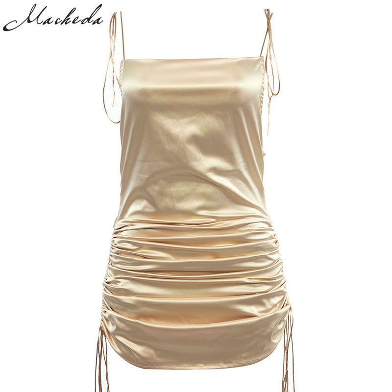 Fashion Solid Spaghetti Straps Backless Sleeveless Sexy Dresses Bottom Length Adjustable Ladies Casual Dress