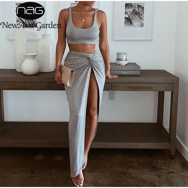 Sexy Party 2 Piece Set Women Plus Size Crop Top Twist Side Split Long Skirts Matching Sets Club Two Piece Outfits