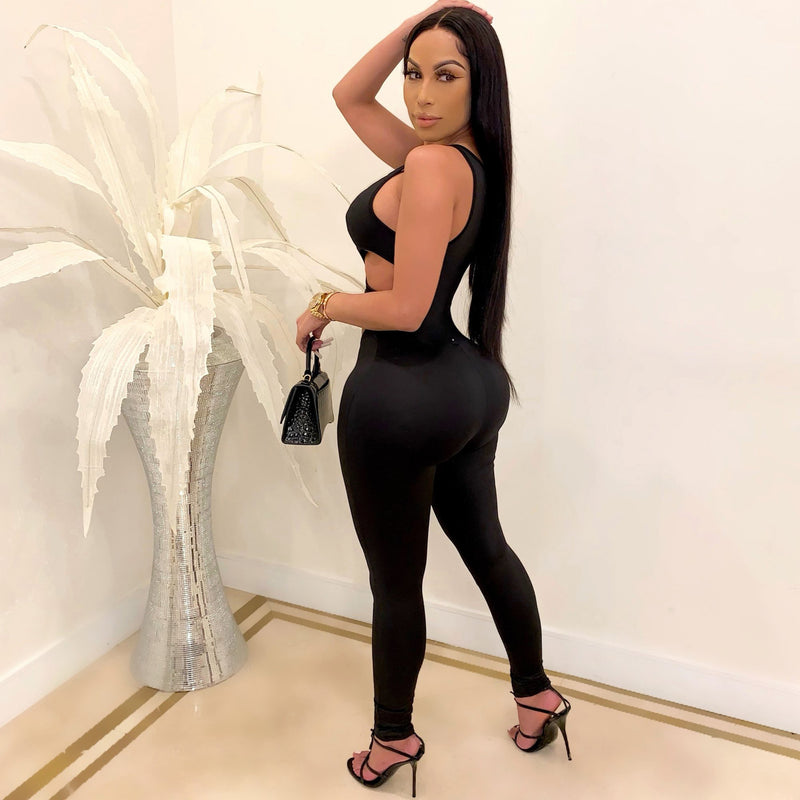 Hollow Out Patchwork Back Zipper Sleeveless Long Jumpsuit