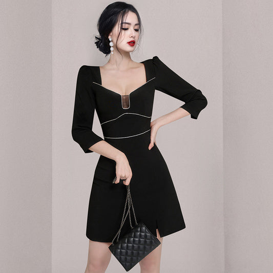 Border Trim Square Neckline High-Waist A-line Little Black Dress