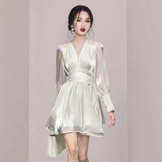 Elegant High-Waisted Long Sleeve A-line Dress