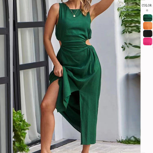 Fashionable and Sexy Round Neck Solid Color Dress
