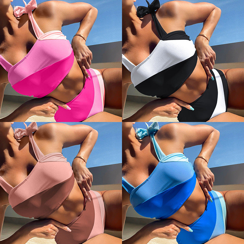 European and American Color Block High-Waisted Sexy Bikini Swimwear