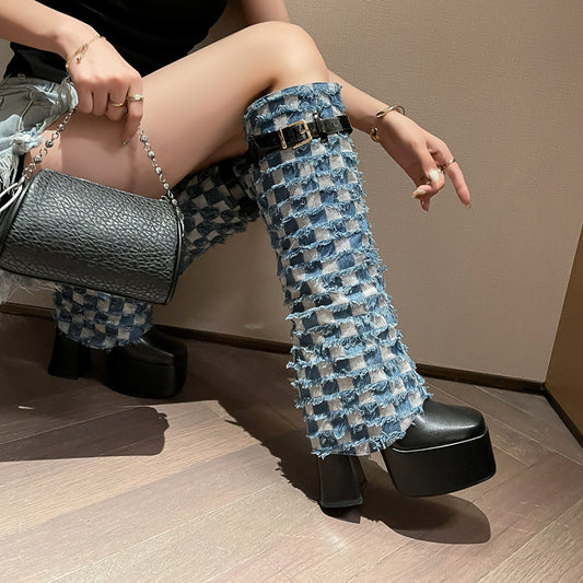 Square toe Boots | Thick heel Boots | Checkered denim Boots