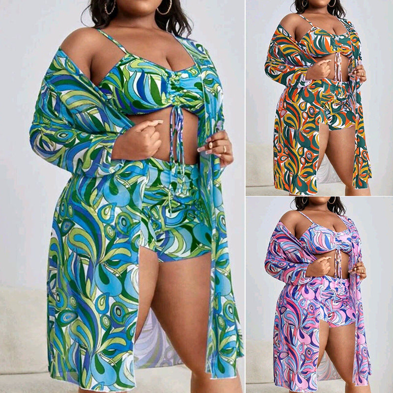 New Three-Piece Printed Cover-up with Drawstring High-Waisted Bikini Bottoms for Women Swimsuit