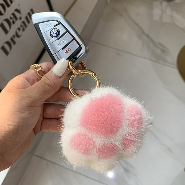 Mink Fur Small Cat Paw Plush Toy Bag Charm Keychain Car Key Ring Accessory