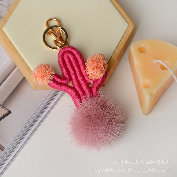 Faux Fur Pom Pom for Bags and Backpacks Cactus Pendant Keychain Accessory