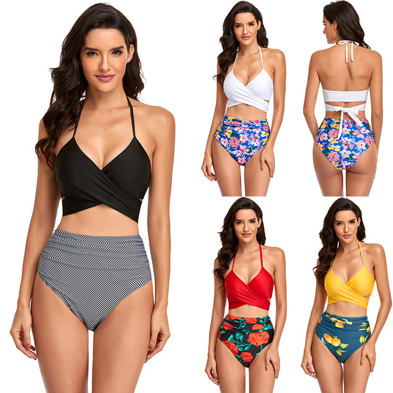 Solid Color Gathered Printed High Waist Triangle Swimsuit
