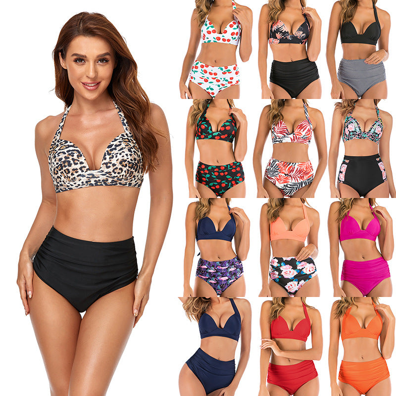 Halter Neck High-Waisted Ruched Bikini with Push-up Effect Swimsuit