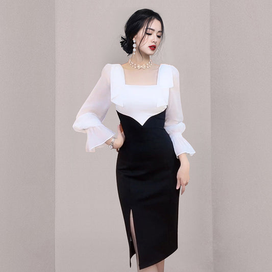 Square Neckline High-Waist Bell Sleeve Dress