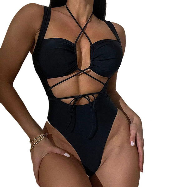 New 2023 European and American Sexy Hollow-out Bikini with Straps and Open Back Swimsuit