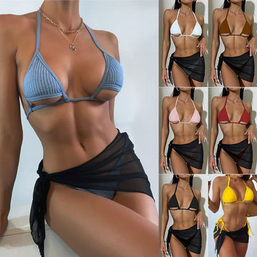 Knitted Hollow-out Sexy Bikini Three-piece Set and Veil Swimsuit