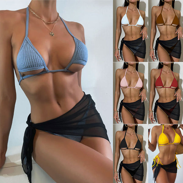 Knitted Hollow-out Sexy Bikini Three-piece Set and Veil Swimsuit