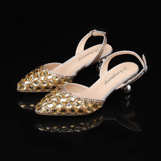 Champagne Colored Rhinestone-Embellished Electroplated Ladies' Evening Shoes