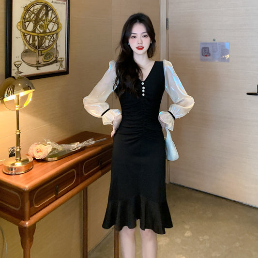 Stylish Fitted Lantern Sleeve Mermaid Dress

