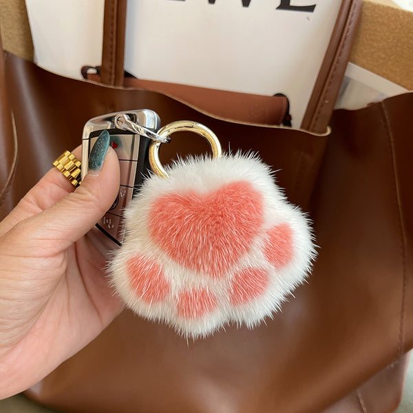 Mink Fur Small Cat Paw Plush Toy Bag Charm Keychain Car Key Ring Accessory