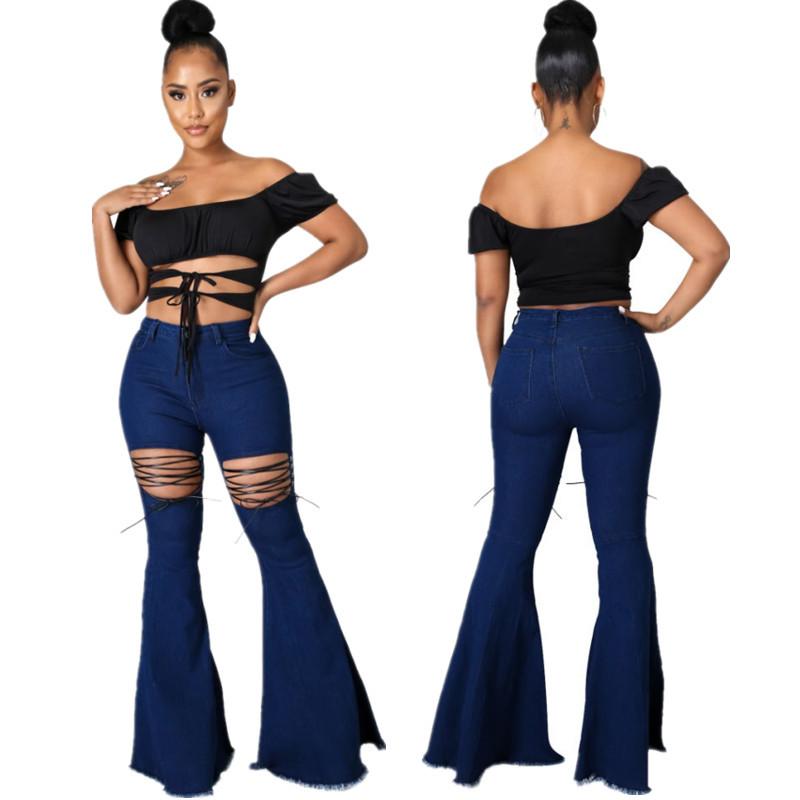 Solid Color Casual Wash Bandage Denim Flared Pants