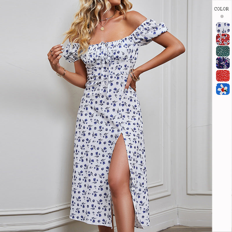 New Strapless Backless Bubble Sleeve Printed Dress