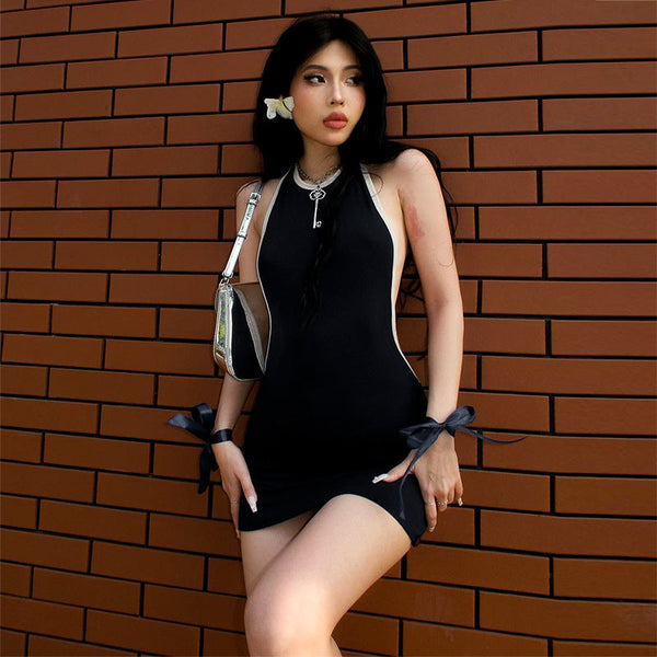 New Color Block Sleeveless Backless Mini Dress