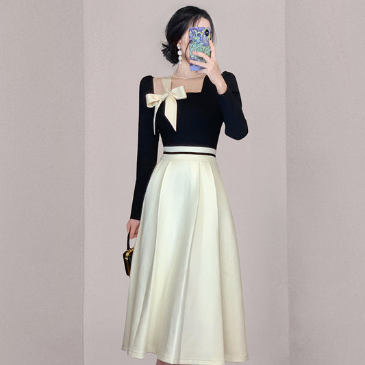 Bow-Tie Square Neckline Contrast Color Swing High Waist Dress