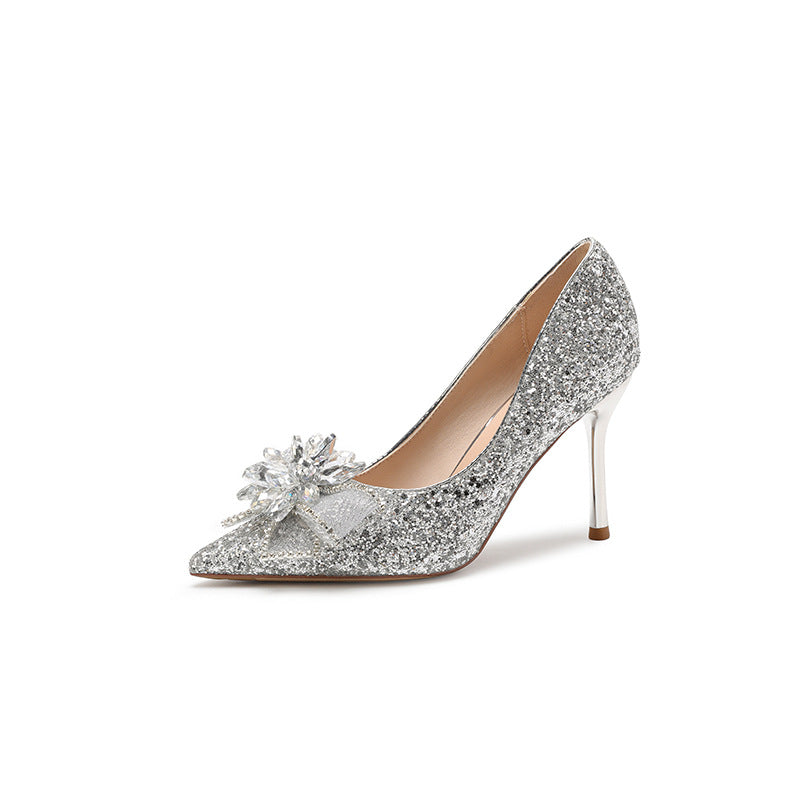 Fashion Rhinestone Flower High-heeled Sequin Party Shoes