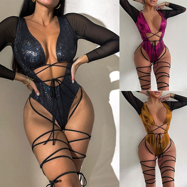New Arrival Long Sleeve Sexy Women's Lace-up Hollow-out Backless Bikini withGold Foil Print Swimwear