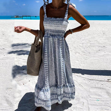 New Bohemian-style Belted Printed Elastic-waist Maxi Dress