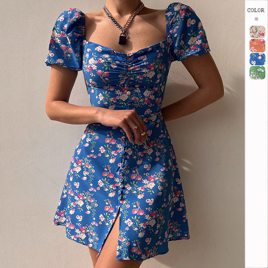 Summer Fashion Bubble Sleeve Floral V-neck Dress