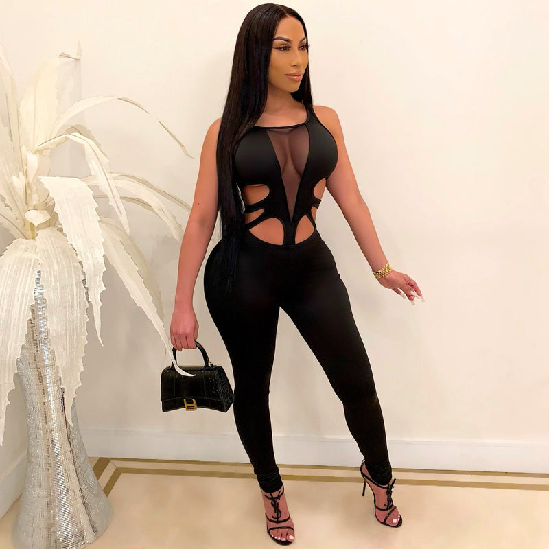 Hollow Out Patchwork Back Zipper Sleeveless Long Jumpsuit