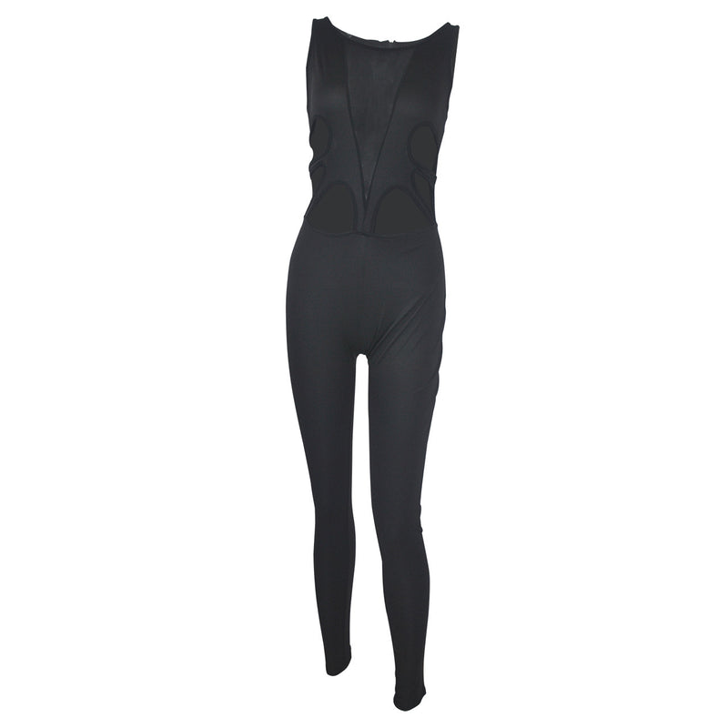 Hollow Out Patchwork Back Zipper Sleeveless Long Jumpsuit