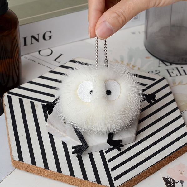 Real Mink Fur Fluffy Elf Keychain for Car Key or Bag Accessory